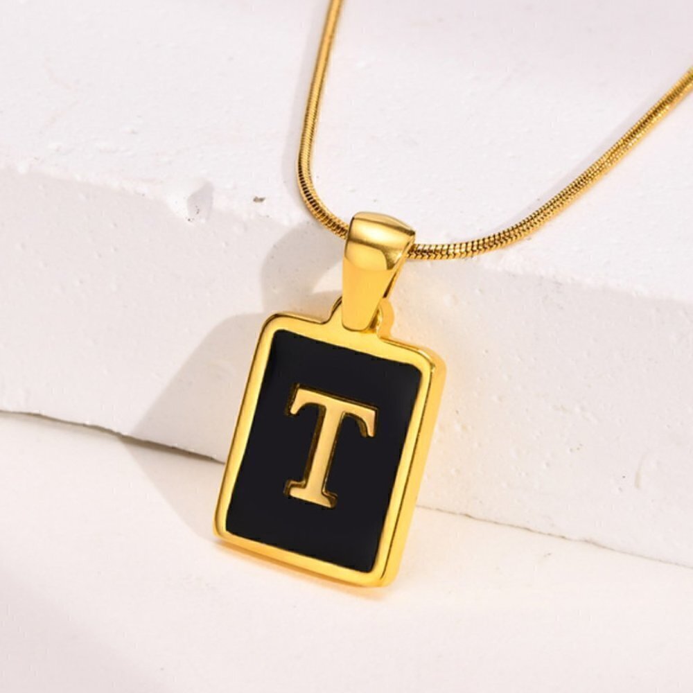 Black Shell and Gold Letter T Necklace Stainless Steel Initial T